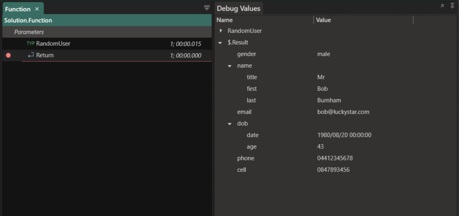 Function Result shown in debug values